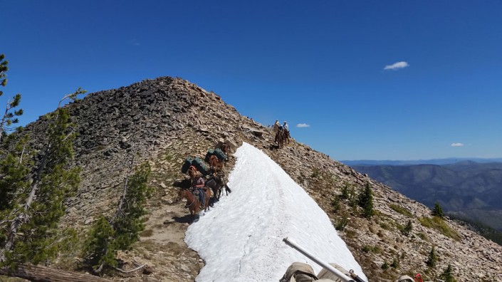 mule train crossing rocky, snowy section high in the wilderness